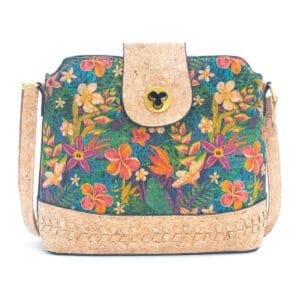 Floral-patterned handbag with cork accents.