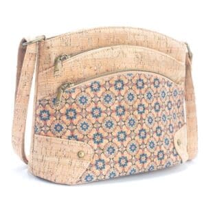 Patterned cork bag with floral design.