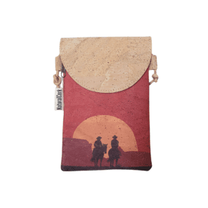 Cork pouch with sunset and cowboy design.