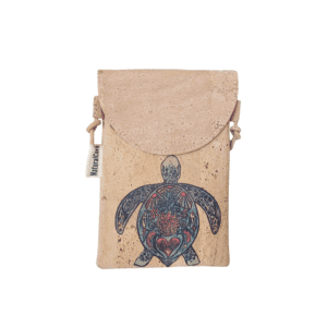 Cork pouch with decorative turtle design.