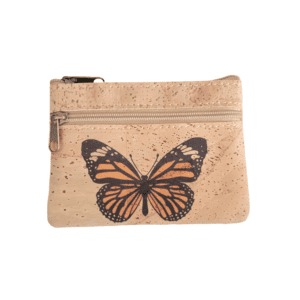 Cork wallet with butterfly design and zipper.