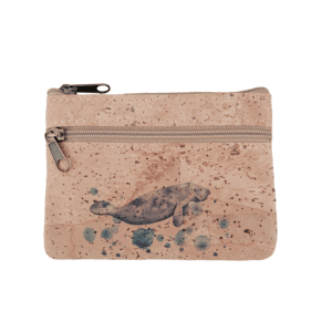 Beige wallet with manatee illustration design.