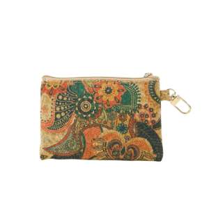 Floral-patterned pouch with zipper and clip.