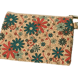 Floral-patterned fabric pouch with zipper closure.