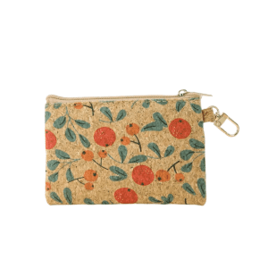 Floral-patterned pouch with zipper and clip.