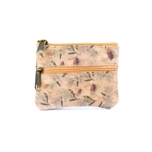 Floral patterned pouch with two zippered compartments.