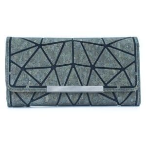 Geometric-patterned clutch with metal accent.
