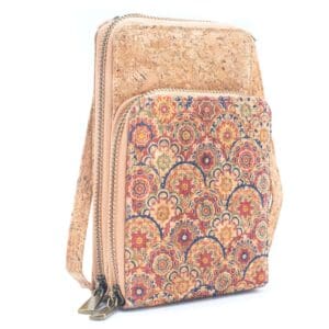 Cork and patterned fabric crossbody bag.
