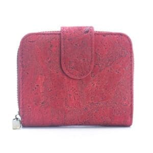 Red cork wallet with zipper and clasp.