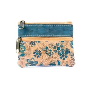 Floral-patterned pouch with blue accents.