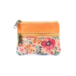 Floral-patterned coin purse with zipper closure.