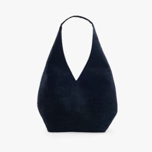Black minimalist handbag on white background.