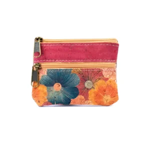Colorful floral-patterned small zippered pouch.