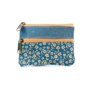 Blue floral coin purse with zippers.