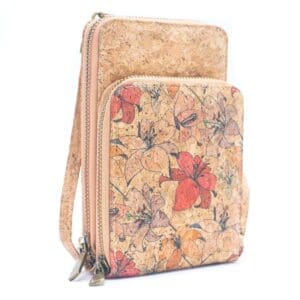 Floral cork wallet with multiple compartments.