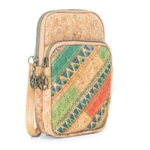 Cork handbag with colorful geometric patterns.