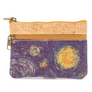 Starry night-themed pouch with zipper closure.