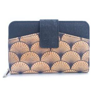 Patterned wallet with black flap closure.