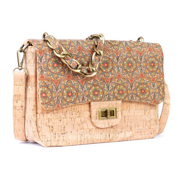 Women's Cork Shoulder Bag with Chain Accent and Button Closure