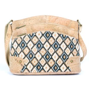 Beige patterned shoulder bag with geometric design.