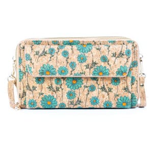 Floral patterned wallet with blue flowers.