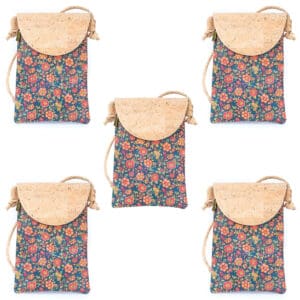 Floral pattern bags with cork flaps.