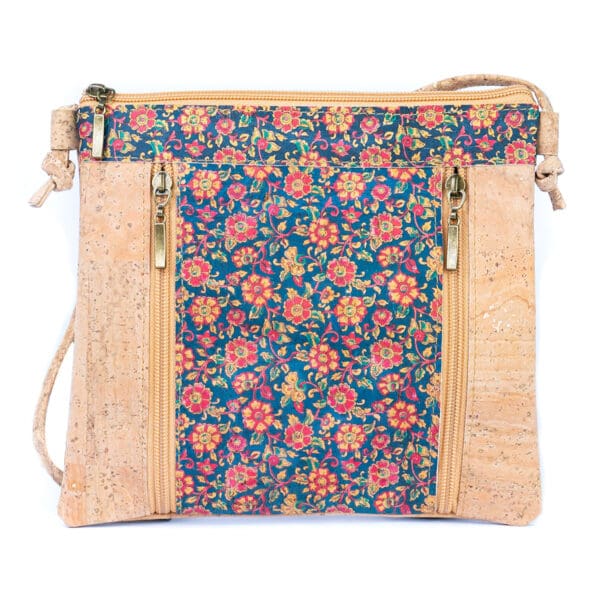 Floral White Print Cork Shoulder Bag with Zippered Pockets