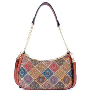 Colorful patterned handbag with chain strap.