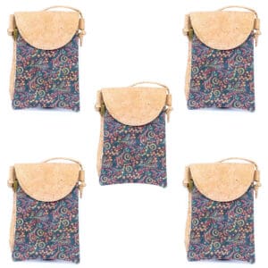 Five floral-patterned crossbody bags with beige flaps.