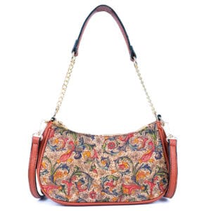 Colorful floral patterned handbag with chain strap.