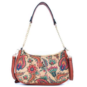 Colorful floral-patterned handbag with chain strap.