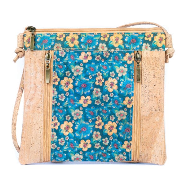 Floral White Print Cork Shoulder Bag with Zippered Pockets