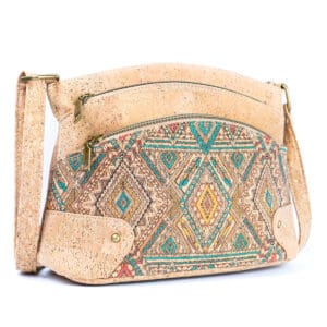Colorful geometric patterned cork handbag.