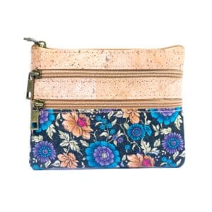 Floral and cork zippered pouch with zippers.