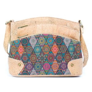 Colorful mandala-patterned handbag with cork accents.