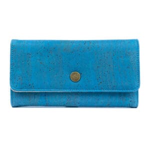 Blue cork wallet with gold button clasp.