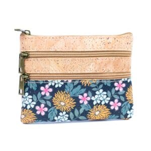 Floral pouch with cork top and zippers.