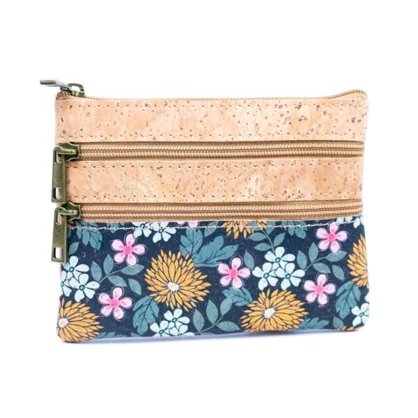 Chic Printed Cork Mini Wallet with Triple Zippers for Women