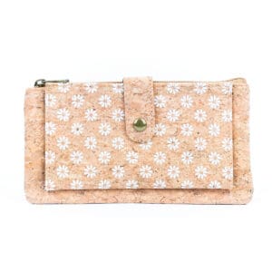 Floral cork wallet with button closure.