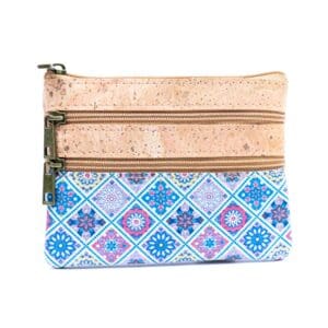 Colorful pouch with two zippers and pattern.