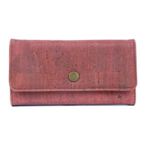 Red cork wallet with button closure.