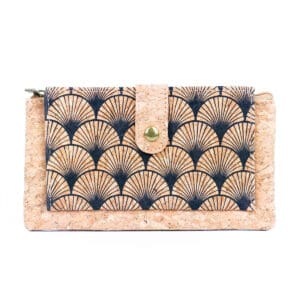Cork wallet with black geometric pattern.