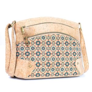 Cork handbag with colorful geometric pattern design.