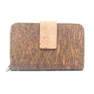 Brown cork wallet with a snap closure.