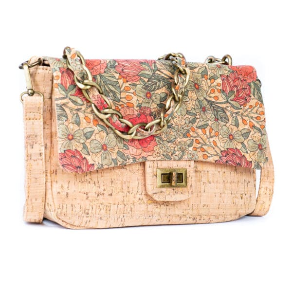 Women's Cork Shoulder Bag with Chain Accent and Button Closure