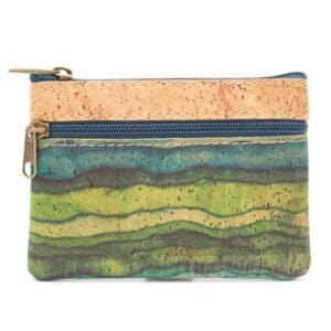 Colorful cork and fabric pouch with zippers.