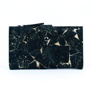 Black and gold textured wallet, button closure.