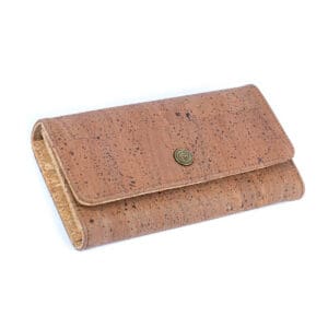 Brown cork wallet with button closure.