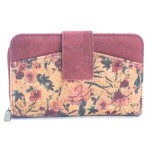Floral patterned wallet with red accents.