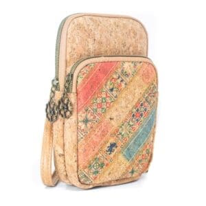 Colorful cork bag with intricate patterns.